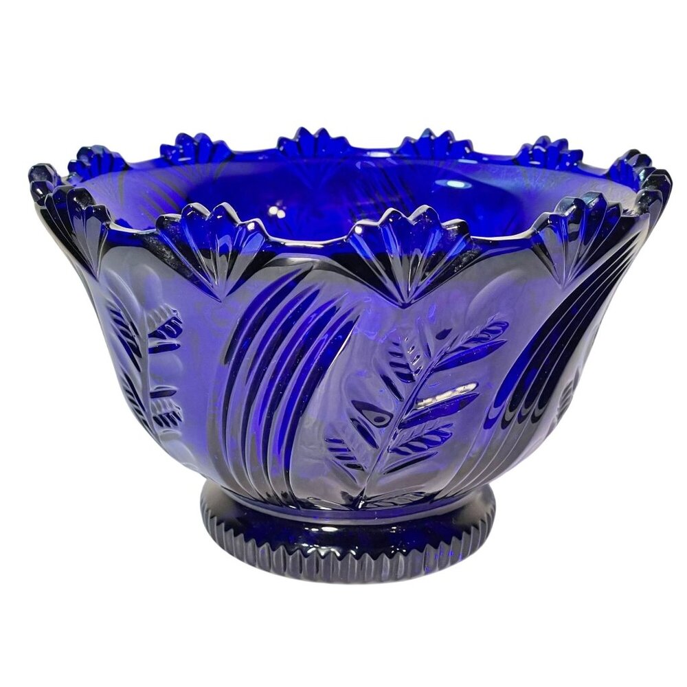 Rare Vintage Large Poland Crystallina Cobalt Blue Glass Footed Fruit Bowl, 9" Di